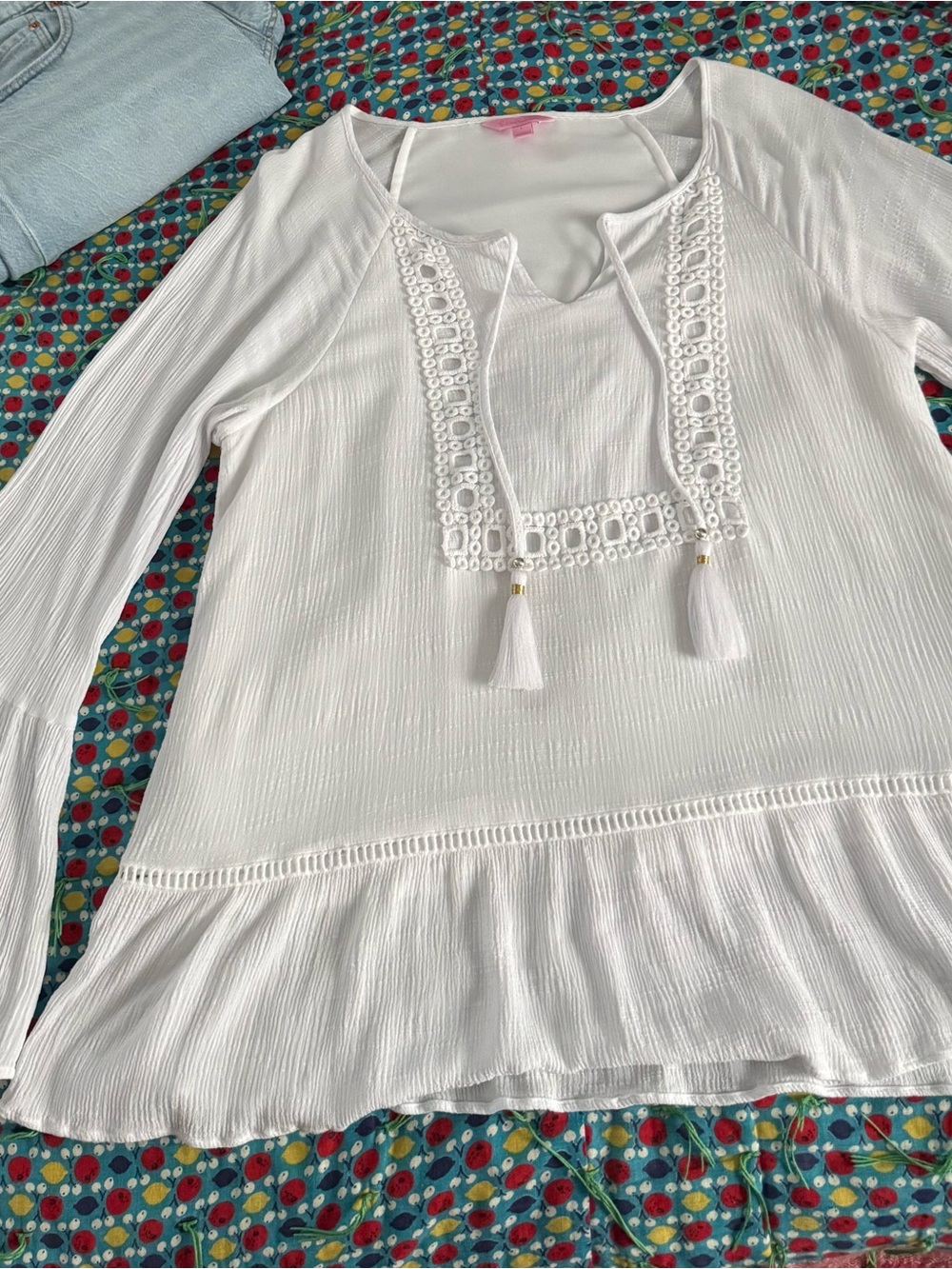 NWOT Lilly Pulitzer White Crochet Tassel Peasant Top size Large